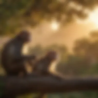 A serene scene of monkeys resting on tree branches during sunset