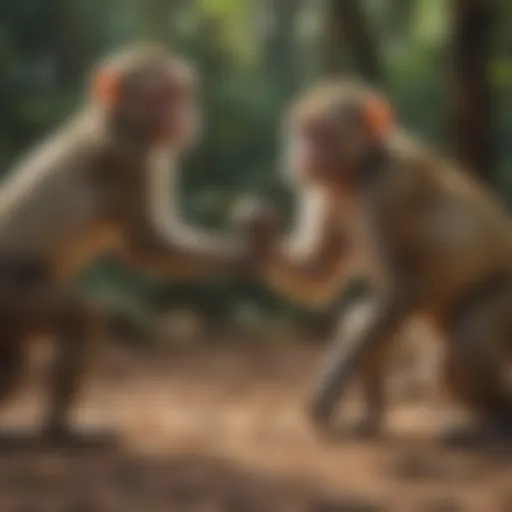 A vibrant troop of monkeys interacting playfully in their natural habitat