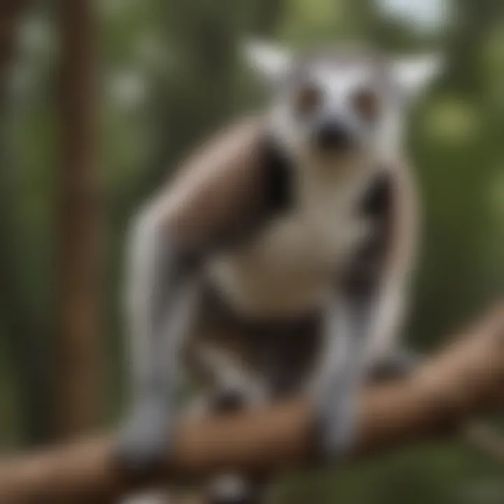 A playful ring-tailed lemur displaying its agility while climbing a branch, emphasizing its physical abilities and playful nature.