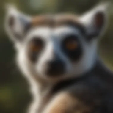 A vibrant portrait of a ring-tailed lemur perched in a tree, showcasing its striking facial features and prominent tail.