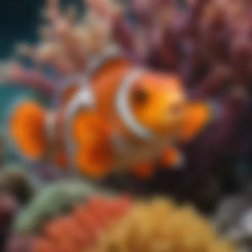 A vibrant clownfish swimming amidst colorful corals
