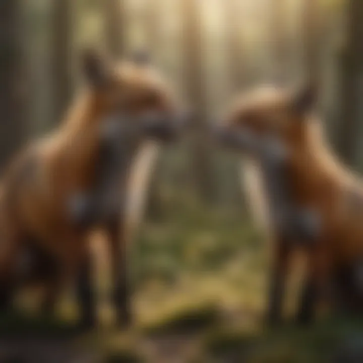 A group of foxes interacting, displaying their social behavior and playful nature.
