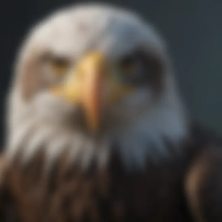Close-up of a bald eagle showcasing its sharp beak and feathers
