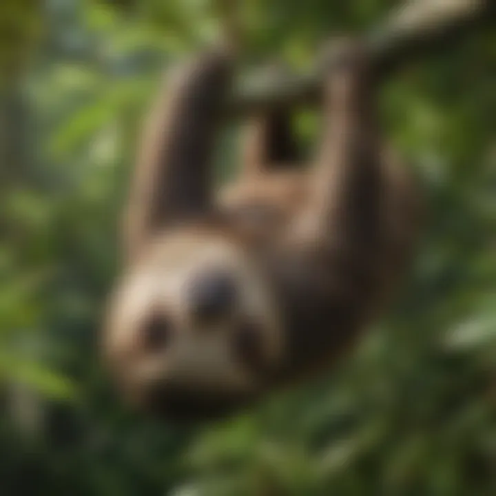 A sloth hanging upside down in a lush green tree