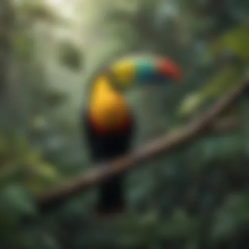 A colorful toucan perched on a branch in the rainforest