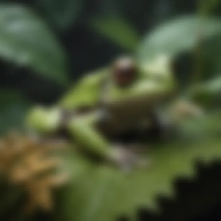 A tree frog camouflaged among the leaves