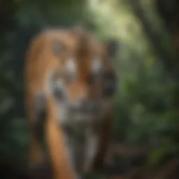 A majestic tiger prowling through dense jungle foliage
