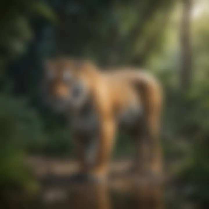 A serene landscape depicting a tiger's natural habitat, complete with lush greenery