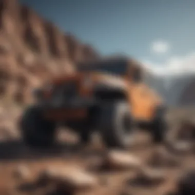 Jeep with rugged off-road tires navigating rocky terrain