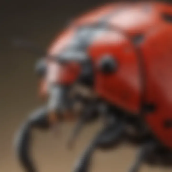 Detailed view of a ladybug's glossy red and black exoskeleton