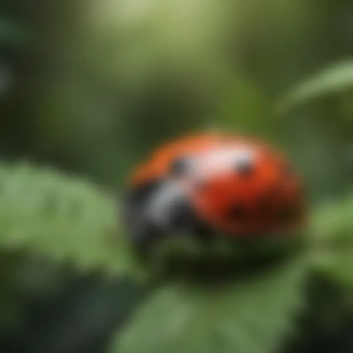 Macro shot of a ladybug navigating through lush green foliage