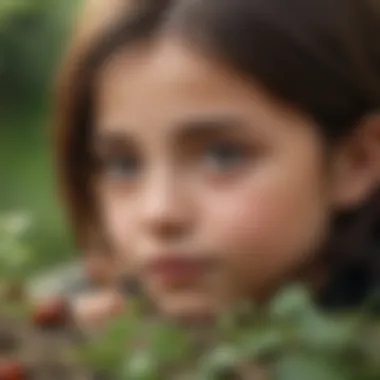 A child observing ladybugs in a garden