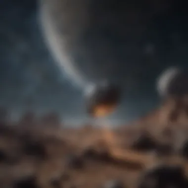 Illustration of a spaceship navigating through the asteroid belt