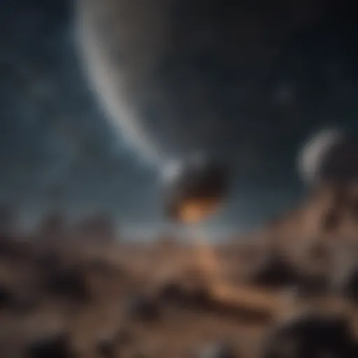 Illustration of a spaceship navigating through the asteroid belt