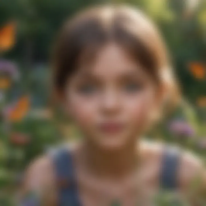 Illustration of a curious child observing a colorful butterfly in a blooming garden