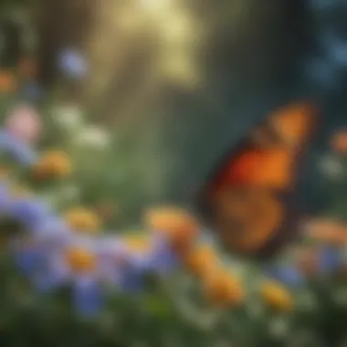 Colorful butterflies fluttering around blooming flowers