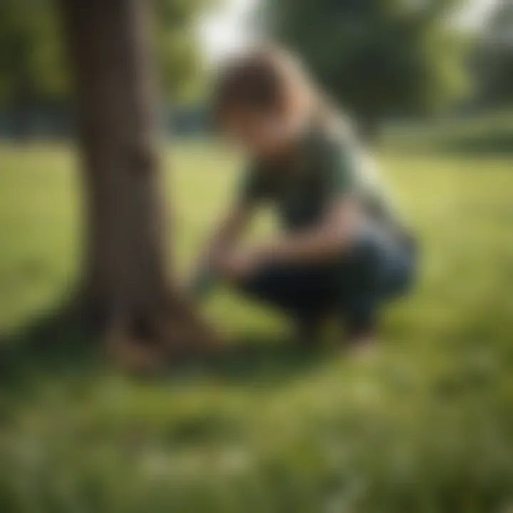 Illustration of a child planting a tree in a green meadow