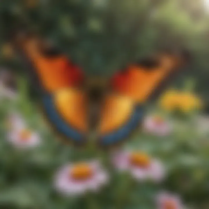 Illustration of a colorful butterfly pollinating flowers in a garden