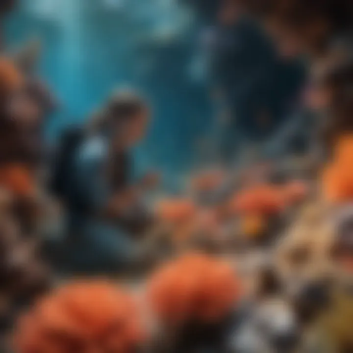 Illustration of kids discovering diverse marine life in a vibrant coral reef