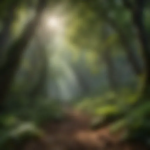 Lush green forest canopy with sunlight filtering through leaves