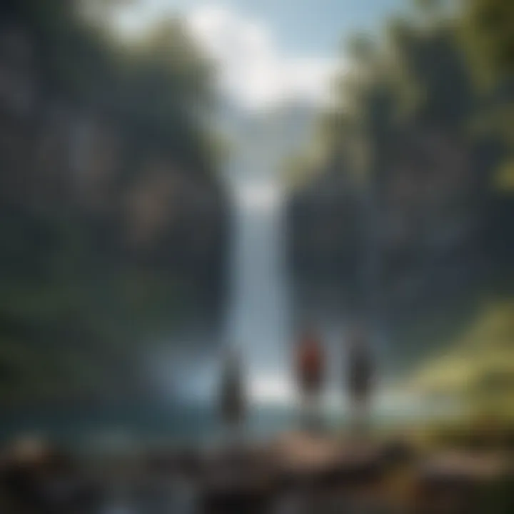 Illustration of children marveling at a magnificent waterfall in a pristine landscape