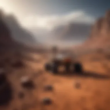 Martian Landscape Discovery Illustration of a rover exploring the rugged terrain of Mars