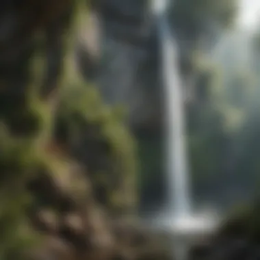 Majestic waterfall cascading down rocky cliffs surrounded by lush greenery