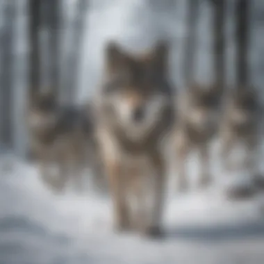 Grey wolf alpha leading the pack through a snowy terrain