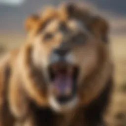 A majestic lion roaring in its territory