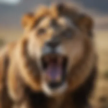 A majestic lion roaring in its territory