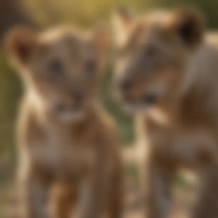 Lion cub playfully learning hunting skills from its parent