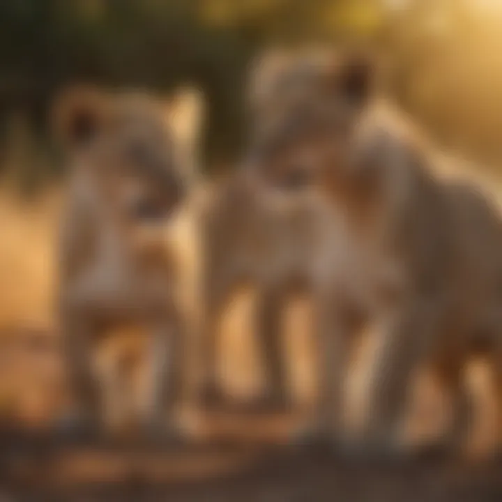 Lion cubs playfully interacting in the golden sunset