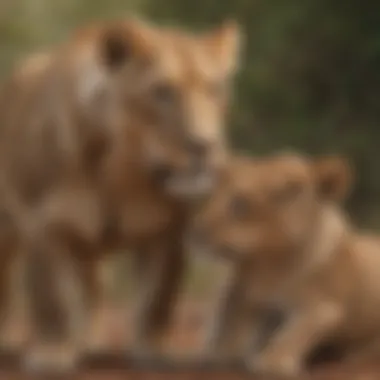 Lioness fiercely protecting her cubs in the wilderness