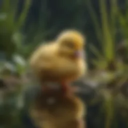 A fluffy yellow duckling exploring a pond