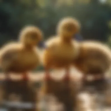 Two ducklings interacting playfully under the warm sun