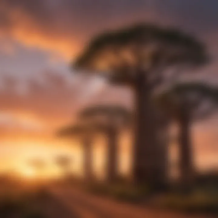 Baobab trees standing tall against a dramatic sunset in Madagascar