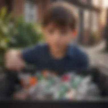 Illustration of a child recycling plastic bottles in a recycling bin