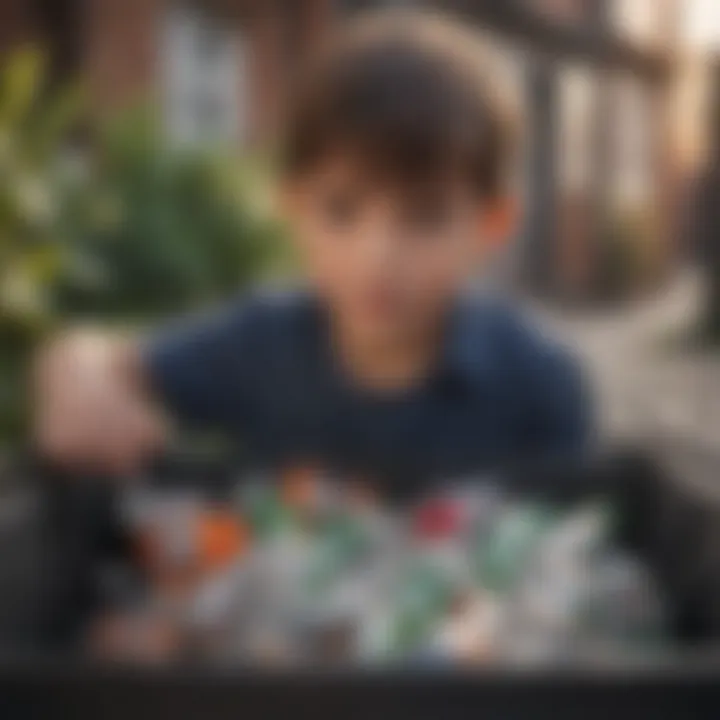 Illustration of a child recycling plastic bottles in a recycling bin