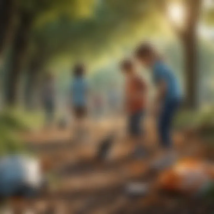 Illustration of a diverse group of children picking up litter in a park