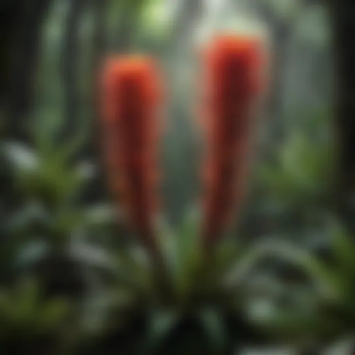 Majestic Bromeliads entwined with vines in the tropical rainforest