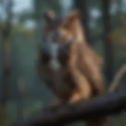 Majestic Great Horned Owl perched on branch at dusk