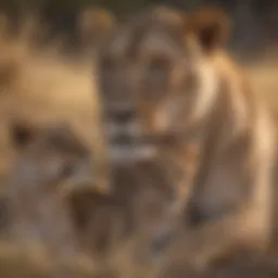 Majestic lioness guiding her cubs through the savannah