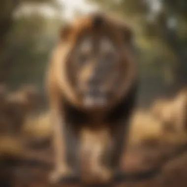 Dominance Display in Group Hunt Male lion showcasing dominance while coordinating a group hunt