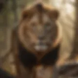 Magnificent male lion in stealth mode during a hunt