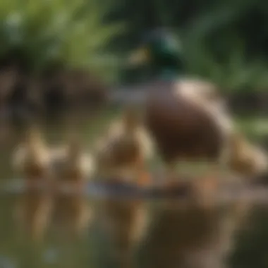 Adorable mallard ducklings following their mother near a pond