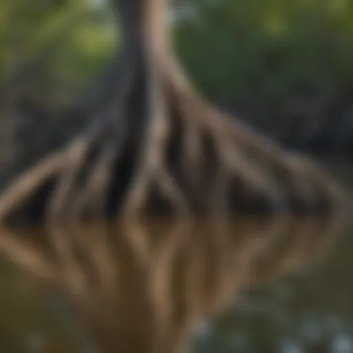 Mangrove roots intricately weaving through the soil in wetlands