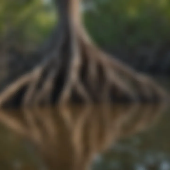 Mangrove roots intricately weaving through the soil in wetlands