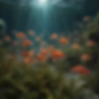 Harmony in Motion: Schools of Fish An underwater scene showcasing a school of colorful fish swimming among seaweed