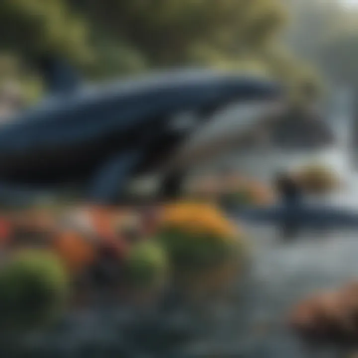 Illustration of a diverse marine ecosystem showcasing orcas' place in the food chain
