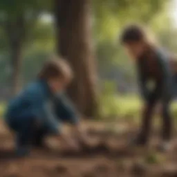 Children planting trees in a park